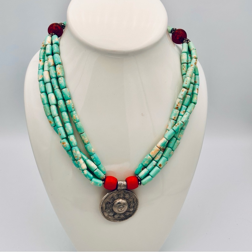 Boho Southwestern Turquoise & Orange Multi-Strand Necklace & Silver Medallion